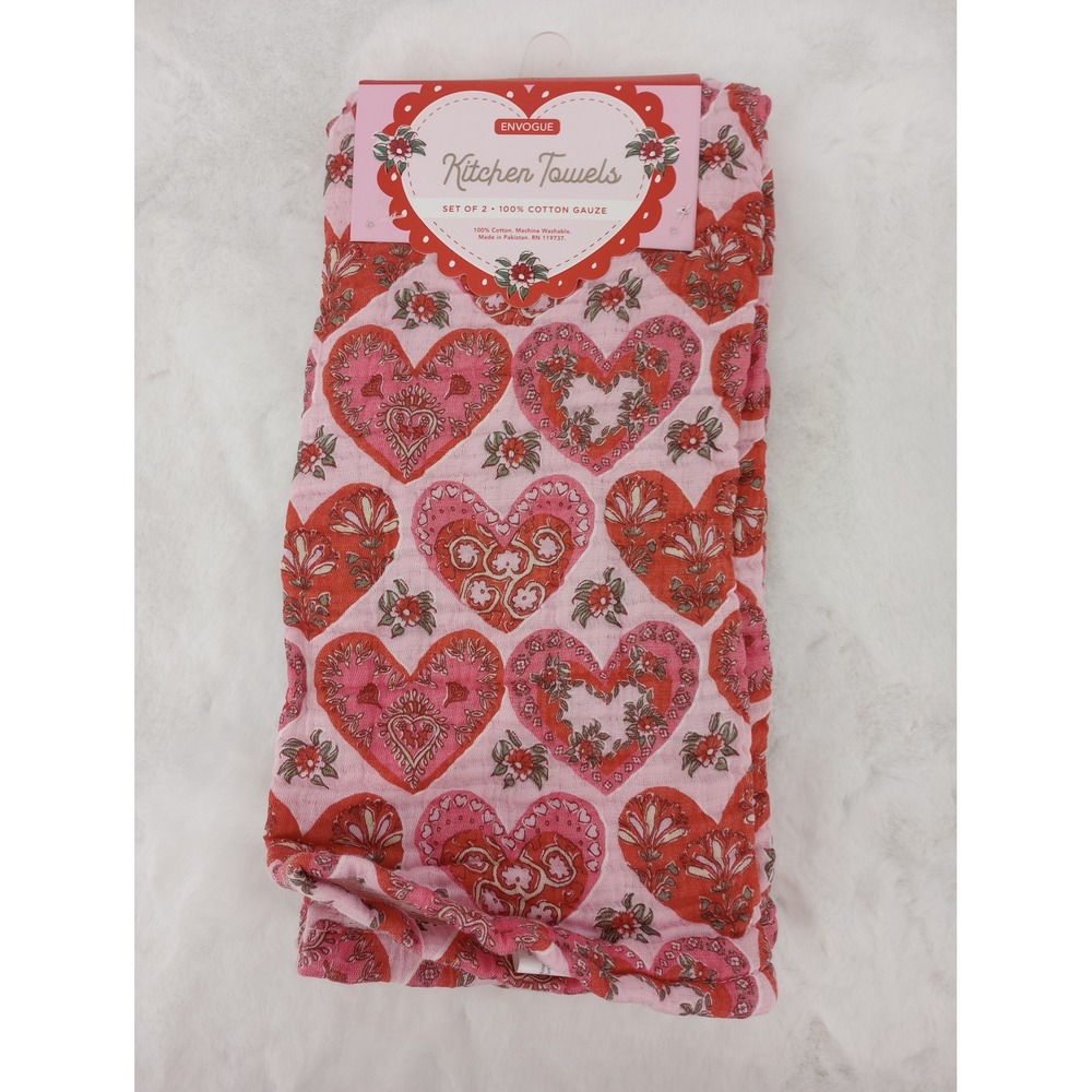 ENVOGUE‎ KITCHEN TOWELS COTTON GAUZE HEARTS FLORAL PINK 18X28